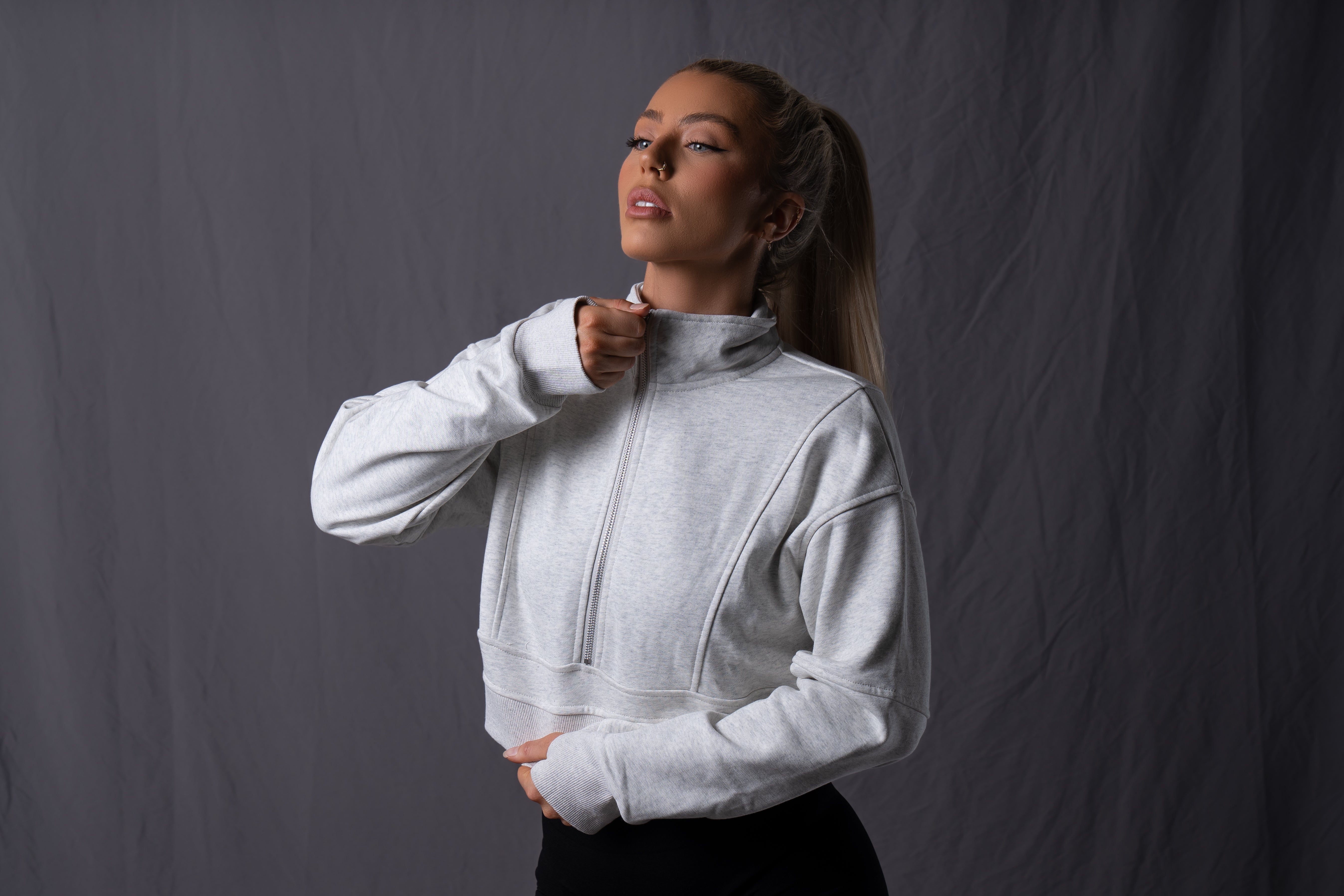 College Half-Zip Crop Jumper - Snow Marl Grey