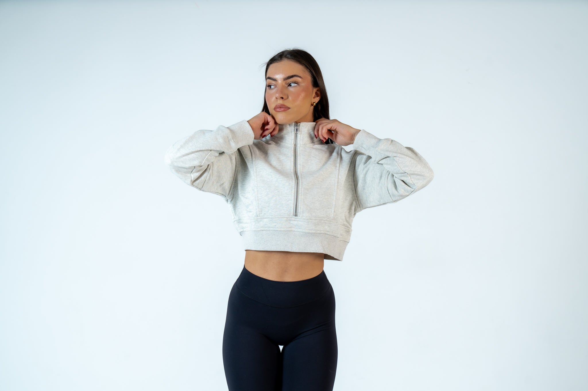College Half-Zip Crop Jumper - Snow Marl Grey