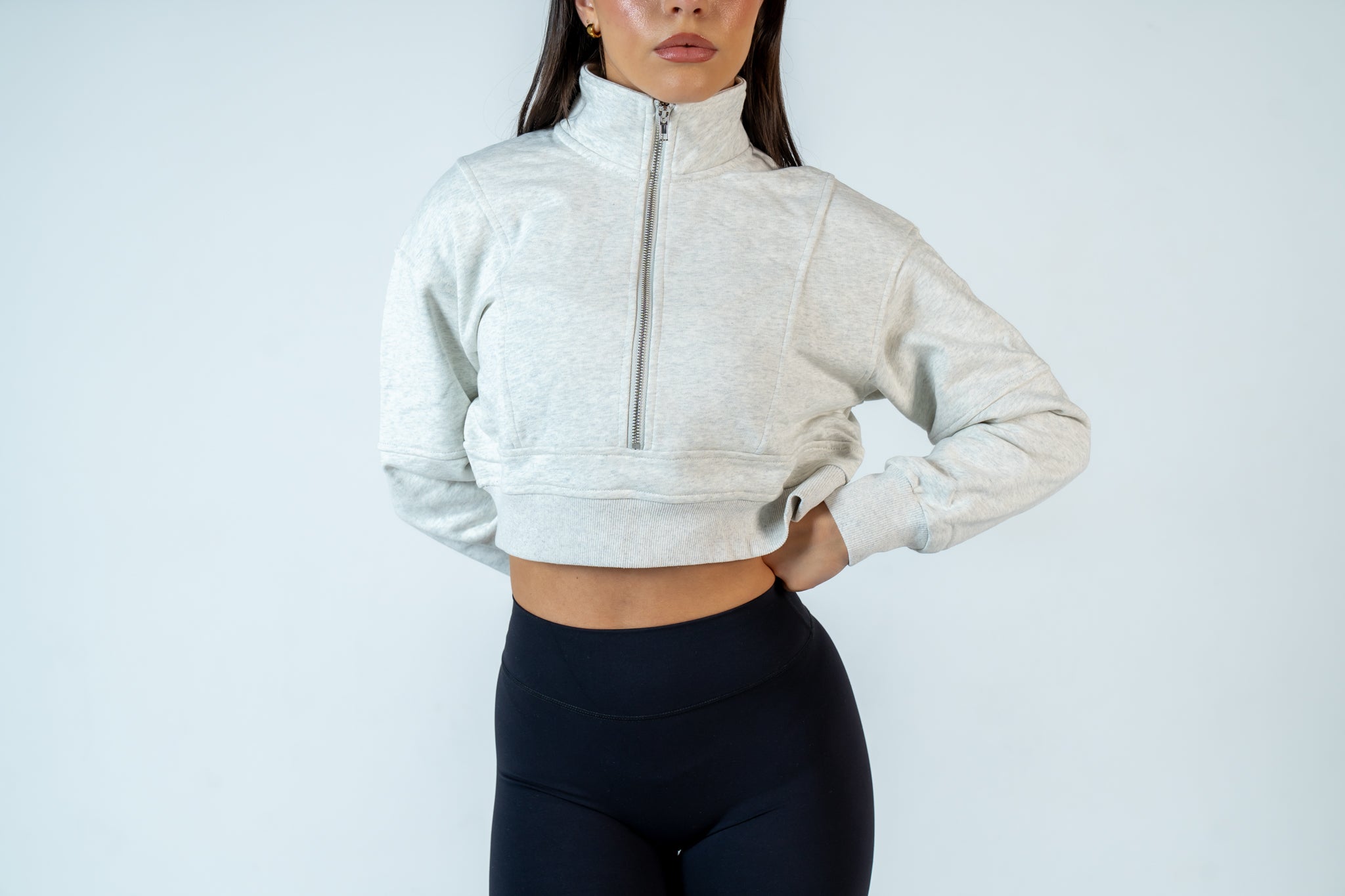 College Half-Zip Crop Jumper - Snow Marl Grey