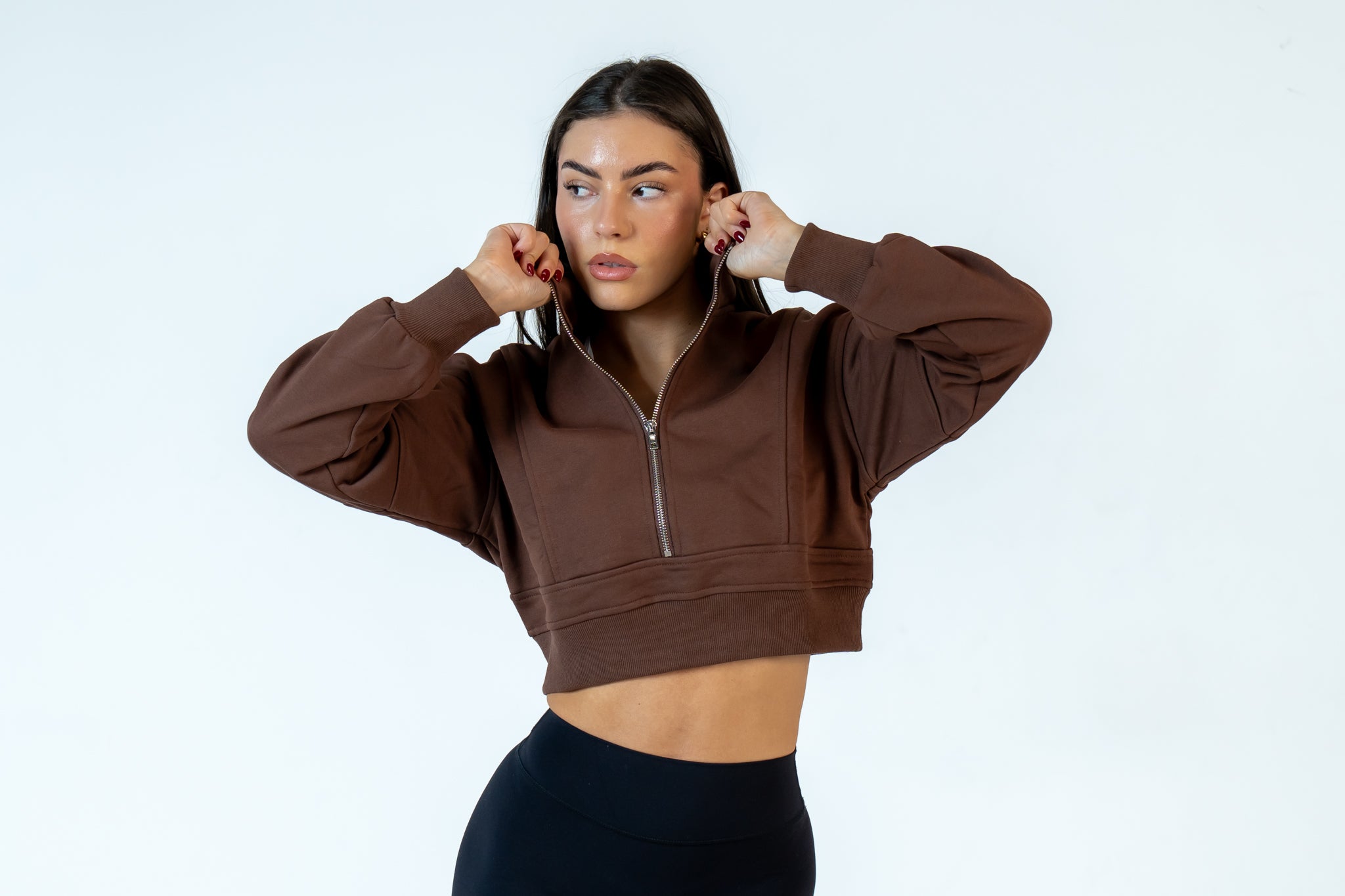 College Half-Zip Crop Jumper - Hot Chocolate