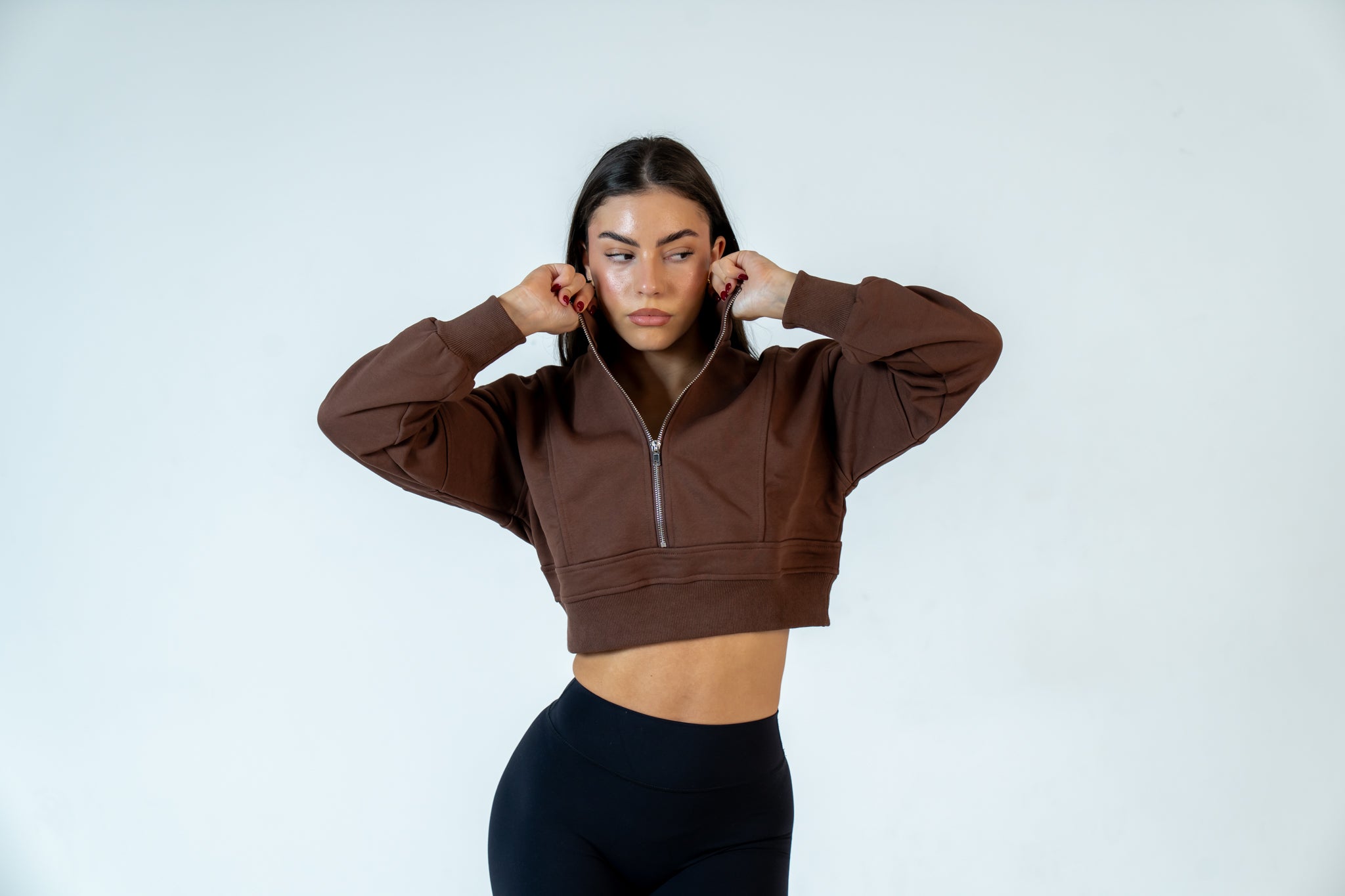 College Half-Zip Crop Jumper - Hot Chocolate