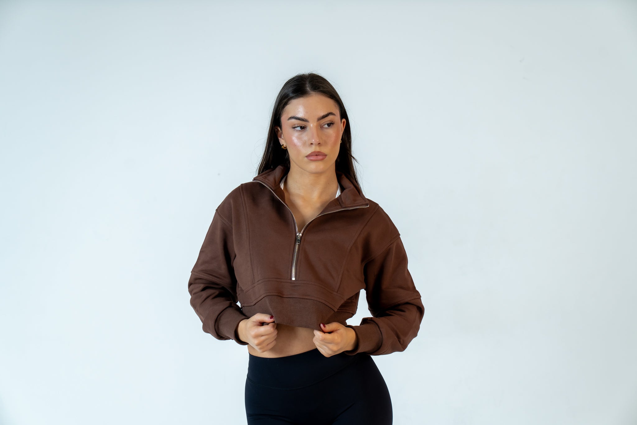 College Half-Zip Crop Jumper - Hot Chocolate