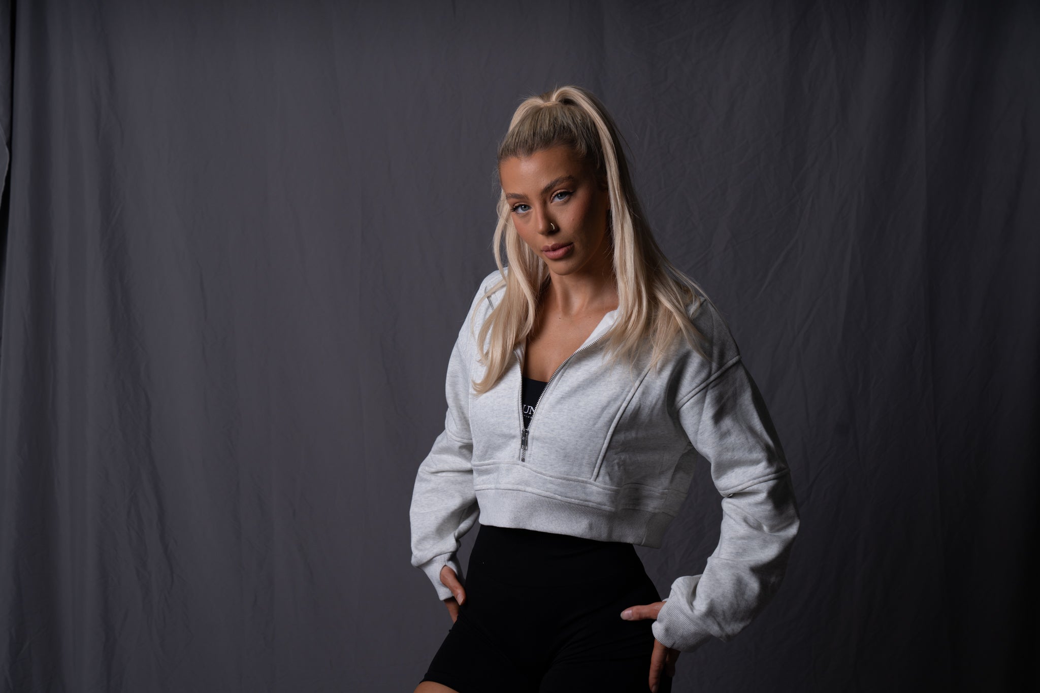 College Half-Zip Crop Jumper - Snow Marl Grey