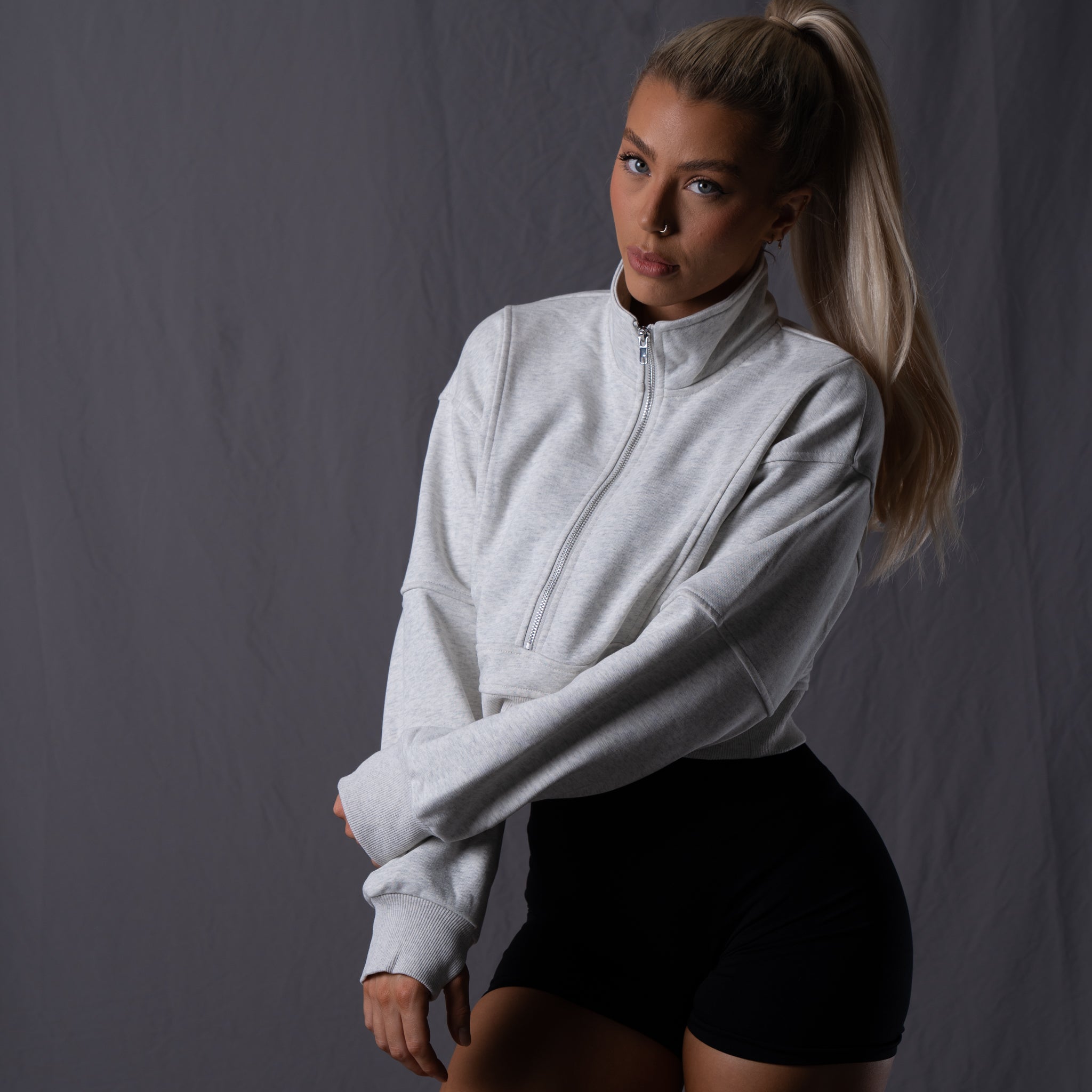 College Half-Zip Crop Jumper - Snow Marl Grey