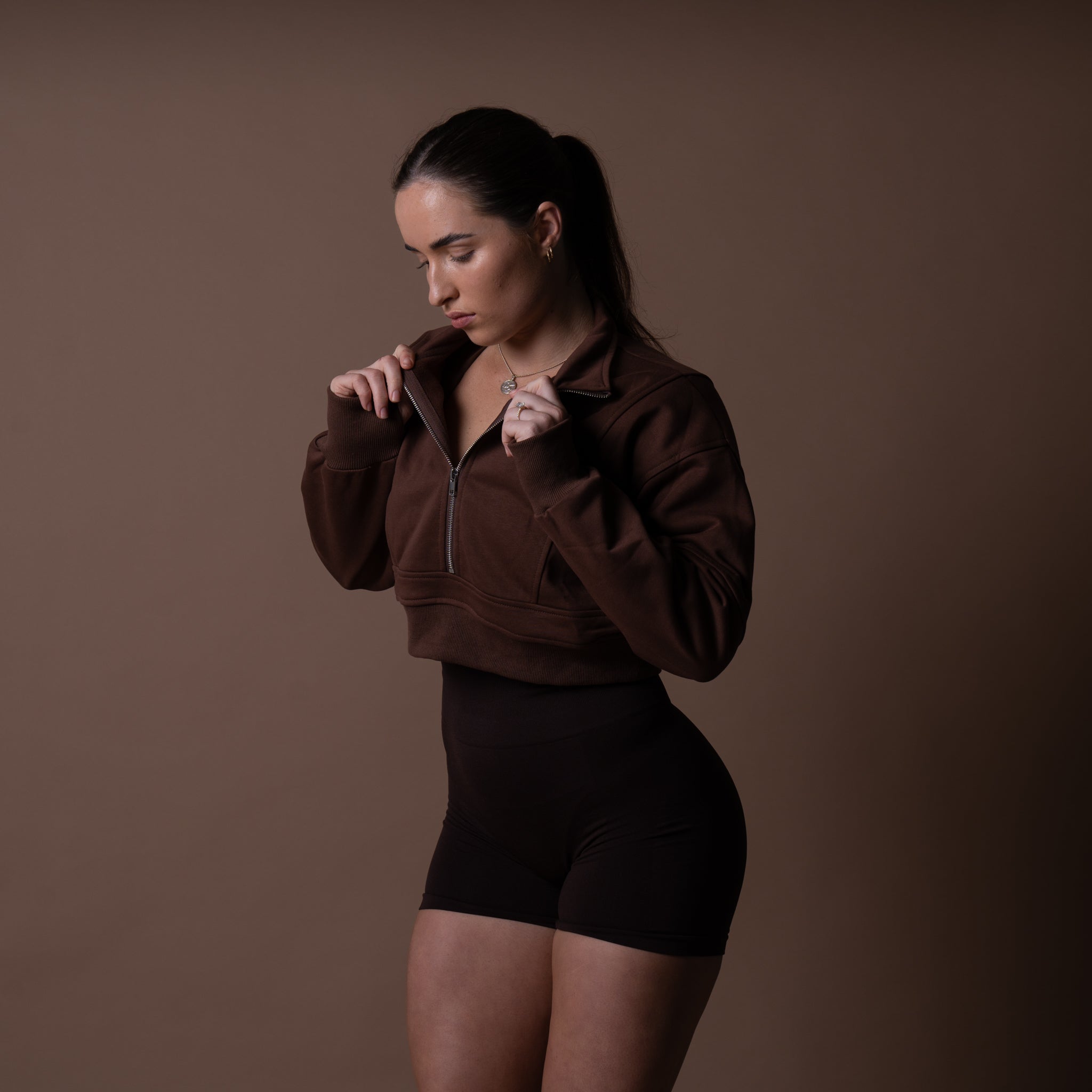 College Half-Zip Crop Jumper - Hot Chocolate