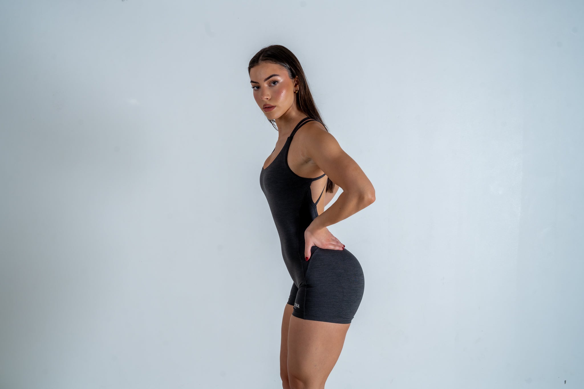 Double Cross Back Scrunch One Piece - Charcoal