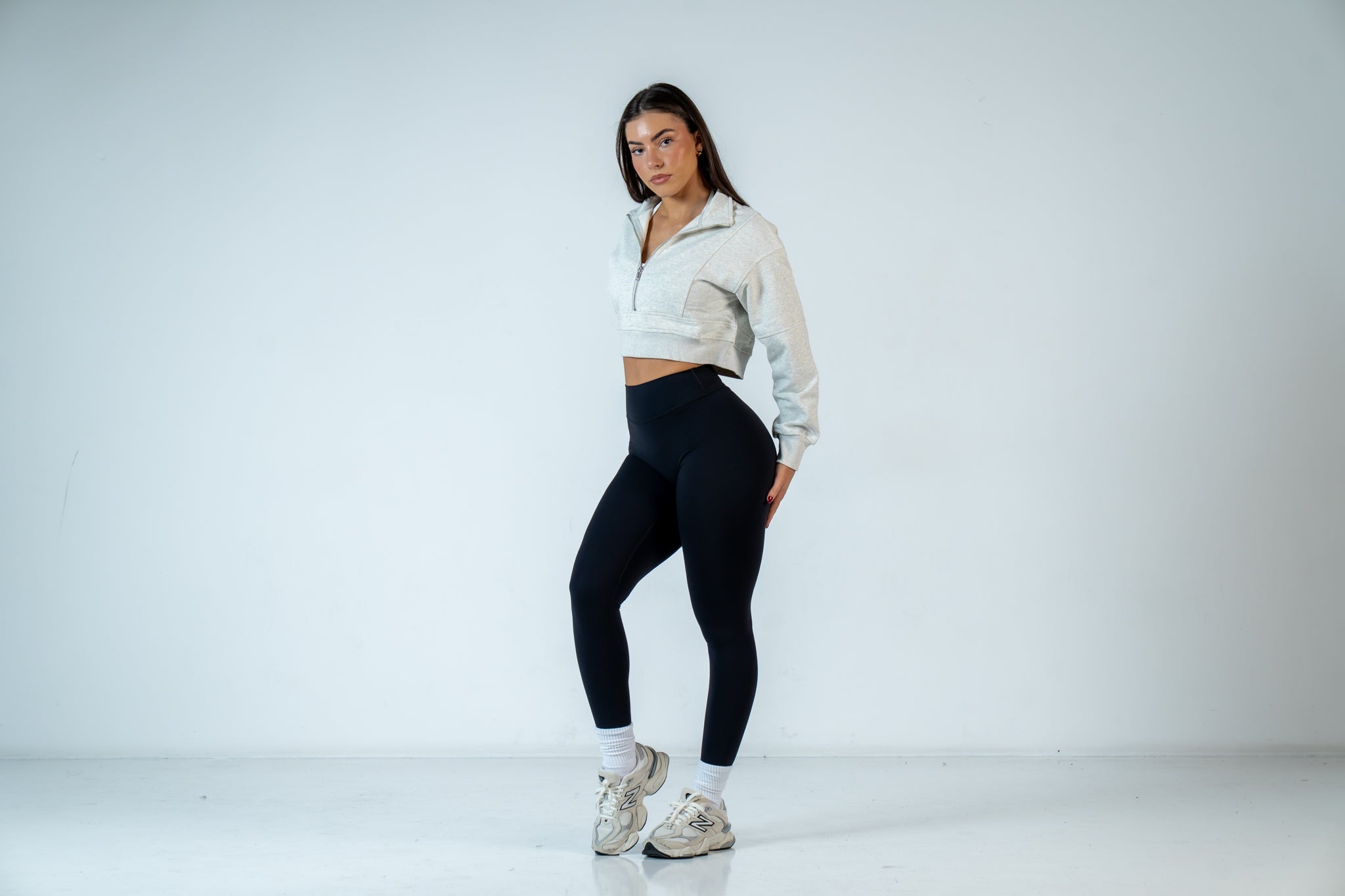 College Half-Zip Crop Jumper - Snow Marl Grey