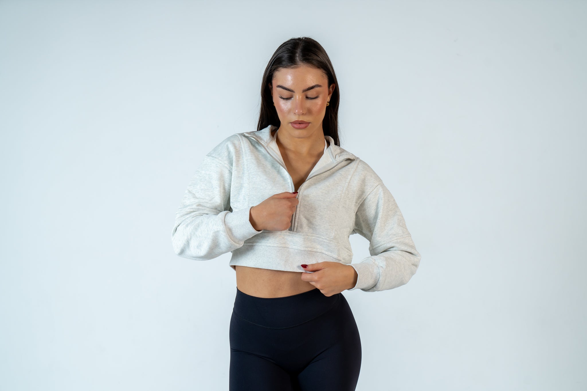 College Half-Zip Crop Jumper - Snow Marl Grey