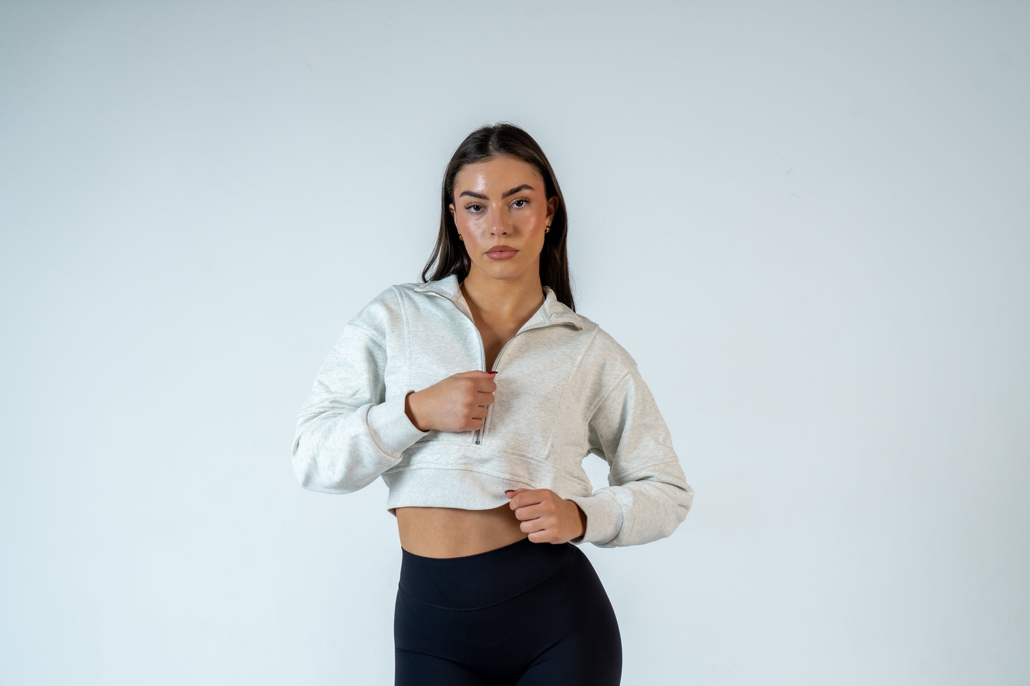 College Half-Zip Crop Jumper - Snow Marl Grey