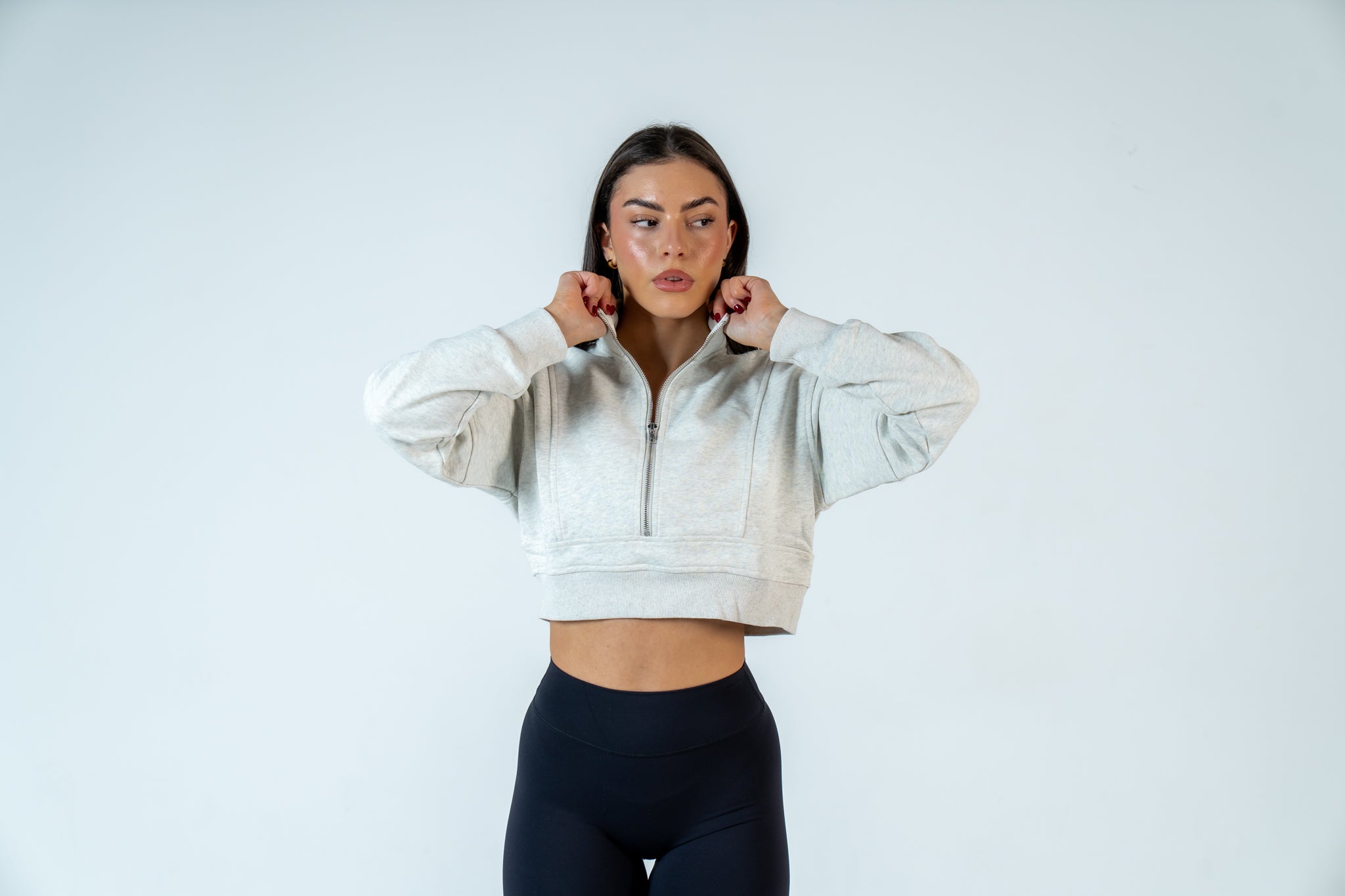 College Half-Zip Crop Jumper - Snow Marl Grey