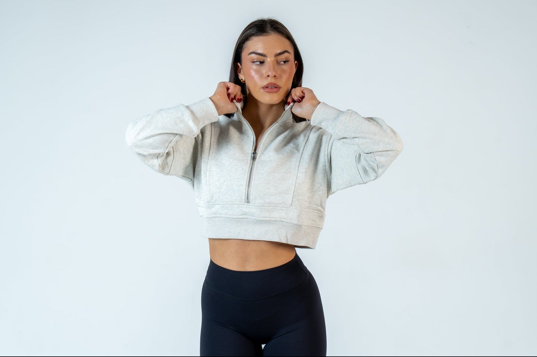 College Half-Zip Crop Jumper - Snow Marl Grey