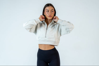 College Half-Zip Crop Jumper - Snow Marl Grey
