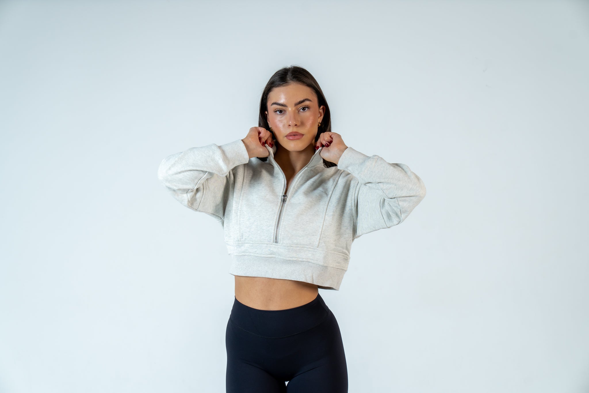 College Half-Zip Crop Jumper - Snow Marl Grey